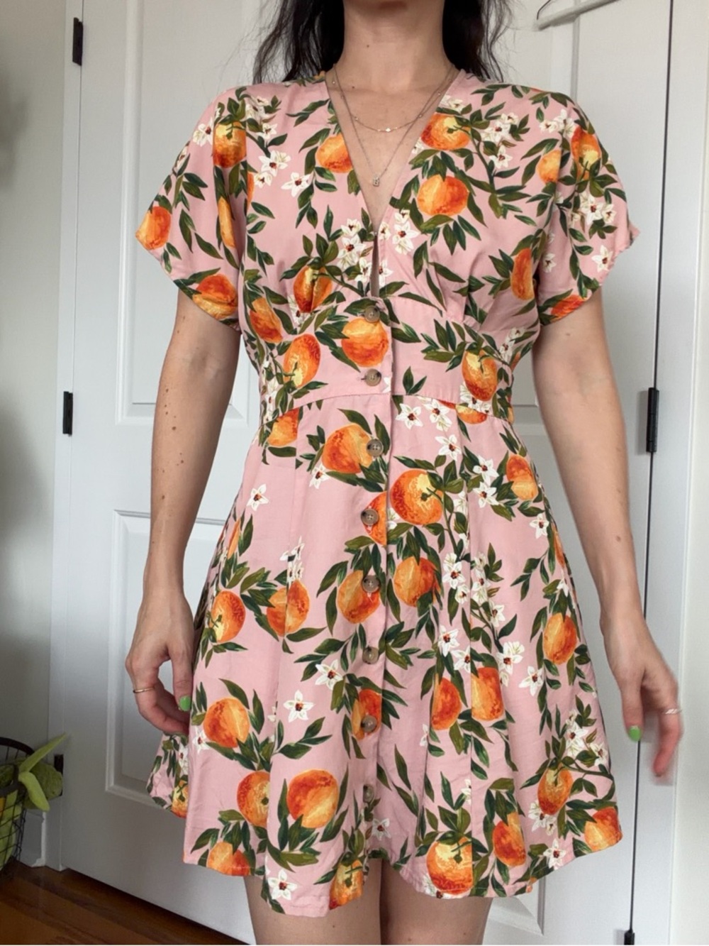 Marine Layer Pink Mini Dress with Orange Fruit Print